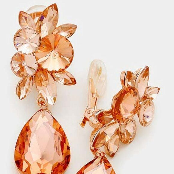 Crystal Peach Teardrop Rose Gold Clip On Earrings NWT - Picture 2 of 5